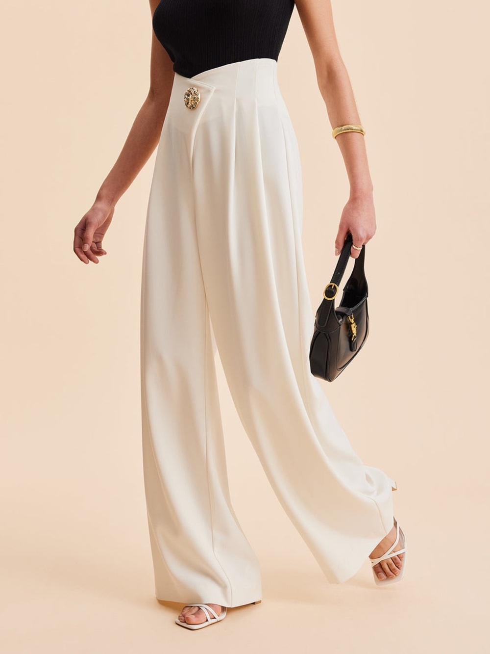 0340 - High-Waist Wide Leg Cream Pants - Picture 3 of 5